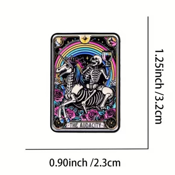 The Audacity Tarot Style Enamel Pin Skeleton Unicorn Rainbow Funny Black Metal - Picture 3 of 5